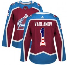 Dámský Dres Colorado Avalanche Semyon Varlamov 1 USA Flag Fashion Burgundská Červená Červená Authentic