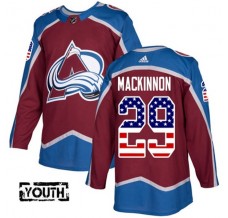 Dětský Dres Colorado Avalanche Nathan MacKinnon 29 USA Flag Fashion Burgundská Červená Červená Authentic